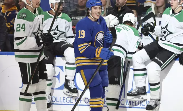 Buffalo Sabres center Peyton Krebs (19) celebrates his goal during the second period of an NHL hockey game against the Dallas Stars, Tuesday, Oct. 22, 2024, in Buffalo, N.Y. (AP Photo/Jeffrey T. Barnes)