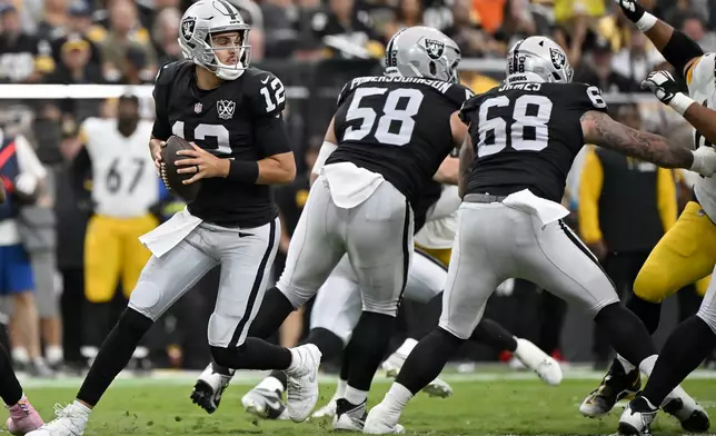 Las Vegas Raiders quarterback Aidan O'Connell looks to pass against the Pittsburgh Steelers during the first half of an NFL football game in Las Vegas, Sunday, Oct. 13, 2024. (AP Photo/David Becker)