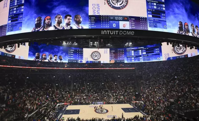 The oculus at the new Intuit Dome is seen during tip off during an NBA basketball game between the Los Angeles Clippers and the Phoenix Suns, Wednesday, Oct. 23, 2024, in Inglewood, Calif. (AP Photo/Ryan Sun)