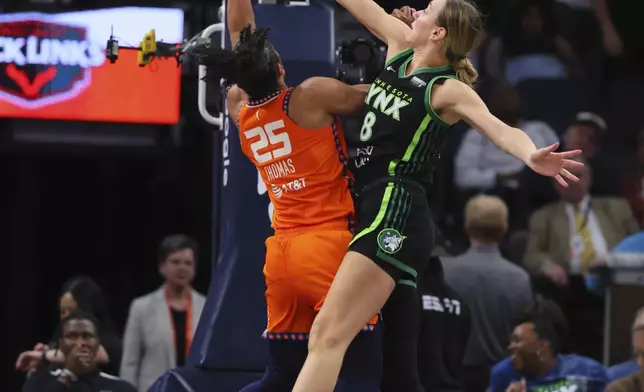 Connecticut Sun forward Alyssa Thomas (25) shoots while Minnesota Lynx forward Alanna Smith (8) defends during the second half of Game 2 of a WNBA basketball semifinals game, Tuesday, Oct. 1, 2024, in Minneapolis. (AP Photo/Adam Bettcher)