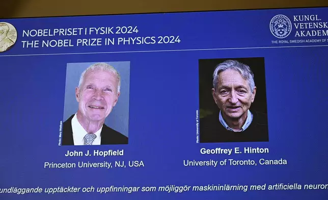 John Hopfield and Geoffrey Hinton, seen in picture, are awarded the 2024 Nobel Prize in Physics, announced at a press conference at the Royal Swedish Academy of Sciences in Stockholm, Sweden Tuesday Oct. 8, 2024. (Christine Olsson/TT News Agency via AP)