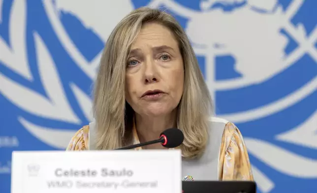 Celeste Saulo, secretary-general of World Meteorological Organization (WMO), presents the WMO's State of Global Water Resources report during a press conference at the European headquarters of the United Nations in Geneva, Switzerland, Monday, Oct. 7, 2024. (Salvatore Di Nolfi/Keystone via AP)