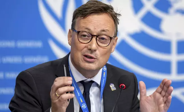 Stefan Uhlenbrook, director of Hydrology, Water and Cryosphere at the World Meteorological Organization (WMO), presents the WMO's State of Global Water Resources report during a press conference at the European headquarters of the United Nations in Geneva, Switzerland, Monday, Oct. 7, 2024. (Salvatore Di Nolfi/Keystone via AP)