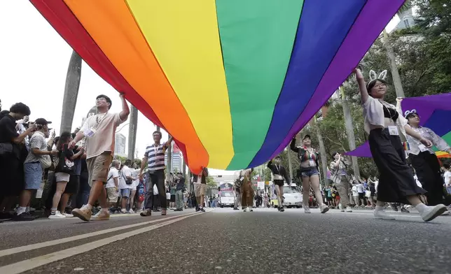 Participants revel through a street during the annual Taiwan LGBT Pride parade in Taipei, Taiwan, Saturday, Oct. 26, 2024. (AP Photo/Chiang Ying-ying)