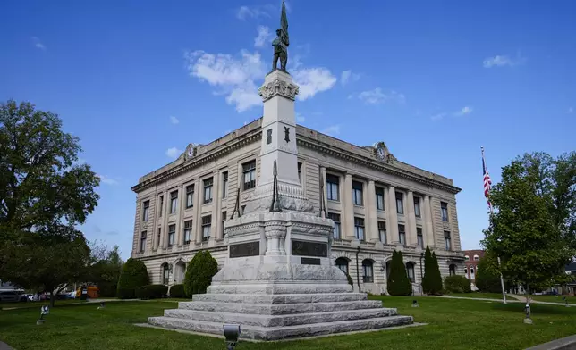 The Soldiers and Sailors Monument on the grounds of the Carrol County Court House is shown in Delphi, Ind., Tuesday, Oct. 1, 2024. (AP Photo/Michael Conroy)