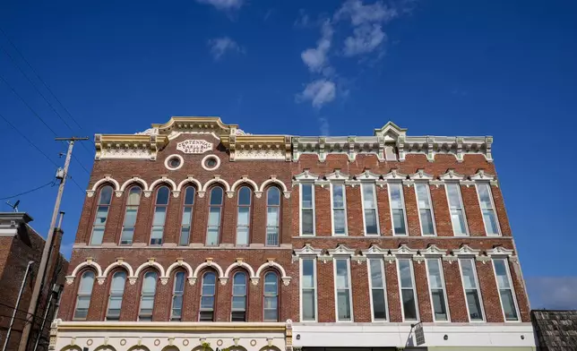 Historic buildings on Main Street form part of the downtown area in Delphi, Ind., Tuesday, Oct. 1, 2024. (AP Photo/Michael Conroy)