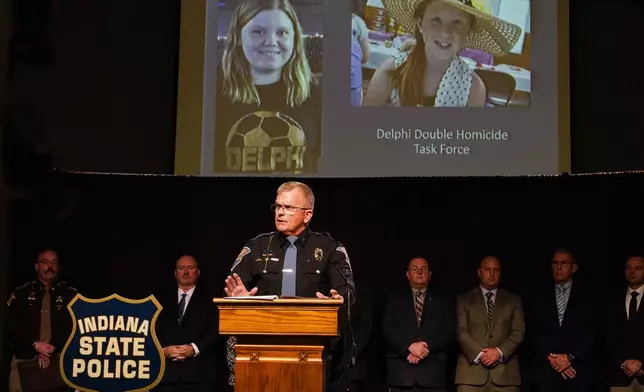 FILE - Indiana State Police Superintendent Doug Carter announces during a news conference in Delphi, Ind., Oct. 31, 2022, the arrest of Richard Allen for the murders of two teenage girls killed in 2017. Allen's trial is scheduled to begin Oct. 14, 2024. (AP Photo/Michael Conroy, File)