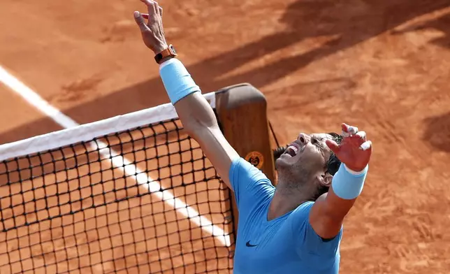 FILE - Spain's Rafael Nadal reacts after defeating Argentina's Juan Martin Del Potro during their semifinal match of the French Open tennis tournament at the Roland Garros stadium, Friday, June 8, 2018 in Paris. (AP Photo/Thibault Camus)