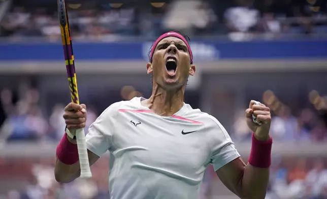 FILE - Rafael Nadal, of Spain, celebrates after winning a point against Frances Tiafoe, of the United States, during the fourth round of the U.S. Open tennis championships, Monday, Sept. 5, 2022, in New York., as he has announced he will retire from tennis at age 38 following the Davis Cup finals in November. (AP Photo/Eduardo Munoz Alvarez, File)