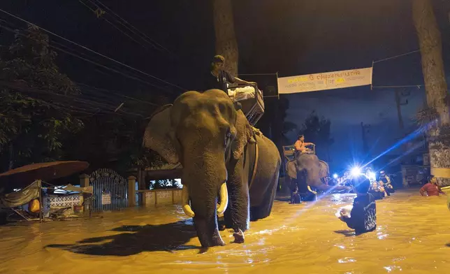 Elephants wade through flood waters to help bring relief supplies to villagers in Chiang Mai Province, Thailand, Sunday, Oct. 6, 2024. (AP Photo/Wason Wanichakorn)