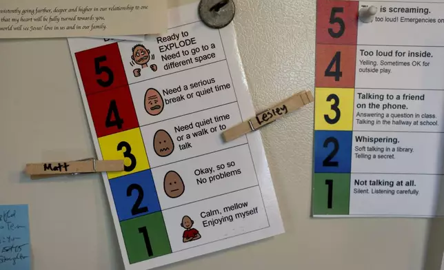 A chart and clothespins with their names hangs on the refrigerator of Lesley and Matt Dzik as a communication tool to help express their feelings, in Champaign, Ill., Saturday, Sept. 21, 2024. (AP Photo/David Goldman)