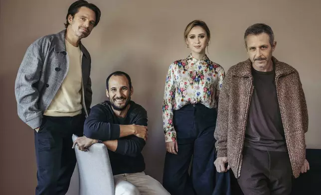 Sebastian Stan, from left, director Ali Abbasi, Maria Bakalova and Jeremy Strong pose for a portrait to promote the film "The Apprentice" on Tuesday, Oct. 8, 2024, in New York. (Photo by Victoria Will/Invision/AP)