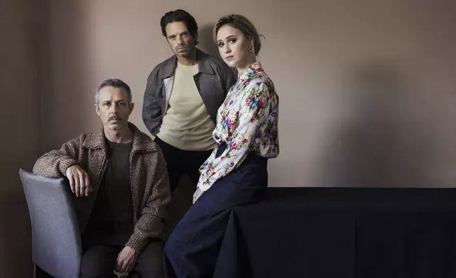 Jeremy Strong, from left, Sebastian Stan and Maria Bakalova pose for a portrait to promote the film "The Apprentice" on Tuesday, Oct. 8, 2024, in New York. (Photo by Victoria Will/Invision/AP)