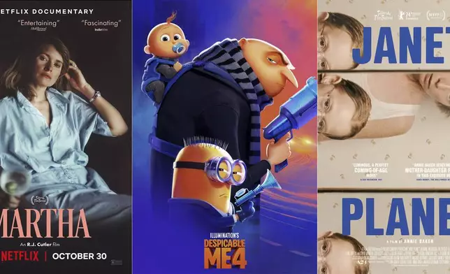 This combination of images shows promotional art for the documentary "Martha," from left, the animated film "Despicable Me 4," and the film "Janet Planet." (Netflix/Universal Pictures/A24 via AP)