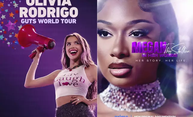 This combination of images shows promotional art for the concert film "Olivia Rodrigo: Guts World Tour," left, and the documentary "Megan Thee Stallion: In Her Words." (Netflix via AP, left, and Prime via AP)