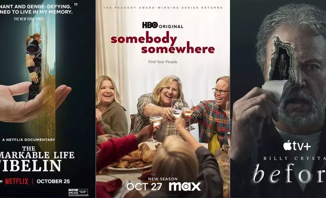 This combination of images shows promotional art for the documentary "The Remarkable Life of Ibelin,” left, the series "Somebody, Somewhere," center, and the new series "Before." (Netflix/Max/Apple TV+ via AP)