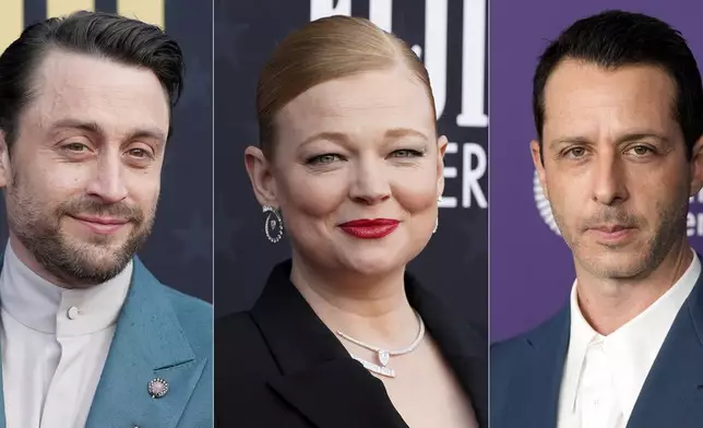 This combination of images shows the cast of HBO's "Succession," from left, Kieran Culkin, Sarah Snook, and Jeremy Strong. (AP Photo)