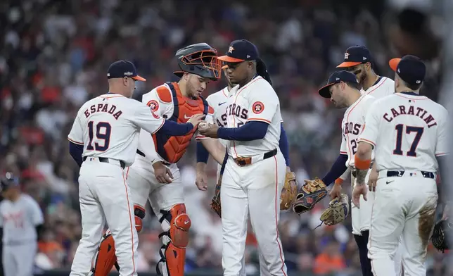 Houston Astros starting pitcher Framber Valdez is relieved during the fifth inning of Game 1 of an AL Wild Card Series baseball game against the Detroit Tigers, Tuesday, Oct. 1, 2024, in Houston. (AP Photo/Kevin M. Cox)