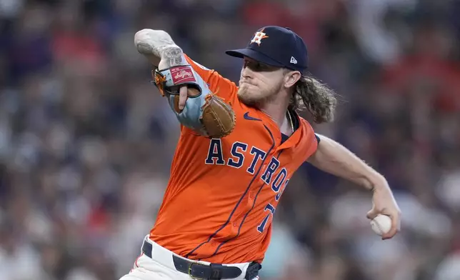 Houston Astros' Josh Hader throws to the Detroit Tigers in the eighth inning of Game 2 of an AL Wild Card Series baseball game Wednesday, Oct. 2, 2024, in Houston. (AP Photo/Kevin M. Cox)