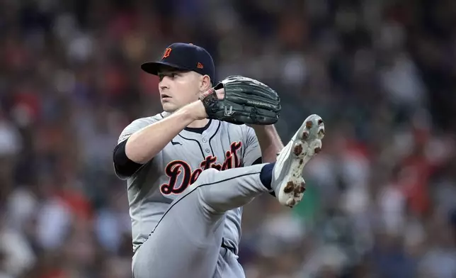 Detroit Tigers starting pitcher Tarik Skubal throws during the first inning of Game 1 of an AL Wild Card Series baseball game against the Houston Astros, Tuesday, Oct. 1, 2024, in Houston. (AP Photo/Kevin M. Cox)