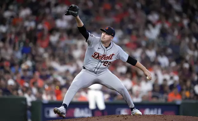 Detroit Tigers starting pitcher Tarik Skubal throws during the sixth inning of Game 1 of an AL Wild Card Series baseball game against the Houston Astros, Tuesday, Oct. 1, 2024, in Houston. (AP Photo/Kevin M. Cox)