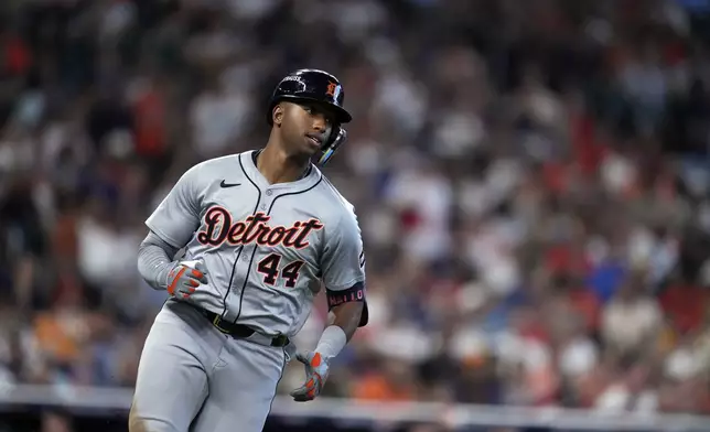 Detroit Tigers designated hitter Justyn-Henry Malloy singles during the fifth inning of Game 1 of an AL Wild Card Series baseball game against the Houston Astros, Tuesday, Oct. 1, 2024, in Houston. (AP Photo/Kevin M. Cox)