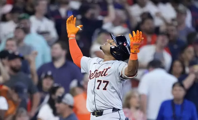 Detroit Tigers' Andy Ibanez celebrates his bases-clearing double against the Houston Astros in the eighth inning of Game 2 of an AL Wild Card Series baseball game Wednesday, Oct. 2, 2024, in Houston. (AP Photo/Kevin M. Cox)