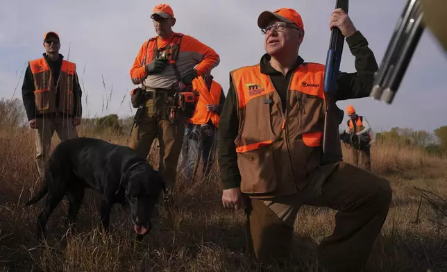 Flanked by his Secret Service detail, Minnesota Governor and Democratic Vice Presidential candidate Tim Walz stops during a break to give water to the hunting dogs during the annual Minnesota Governor's Pheasant Hunting Opener, Saturday, Oct. 12, 2024, near Sleepy Eye, Minn. (Anthony Souffle/Star Tribune via AP)