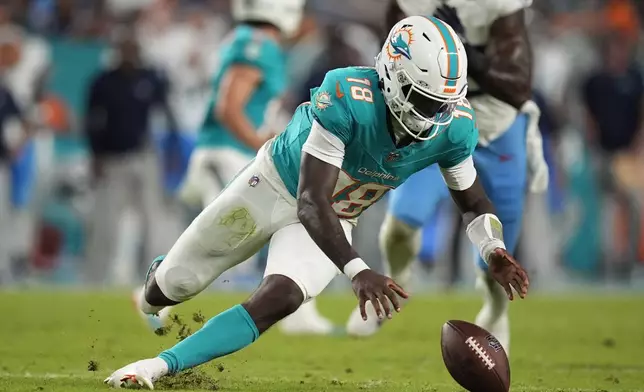 Miami Dolphins quarterback Tyler Huntley (18) goes after the ball after a bad snap during the first half of an NFL football game against the Tennessee Titans, Monday, Sept. 30, 2024, in Miami Gardens, Fla. (AP Photo/Rebecca Blackwell)