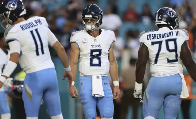 Tennessee Titans quarterback Will Levis (8) warms up before an NFL football game against the Miami Dolphins, Monday, Sept. 30, 2024, in Miami Gardens, Fla. (AP Photo/Brennan Asplen)