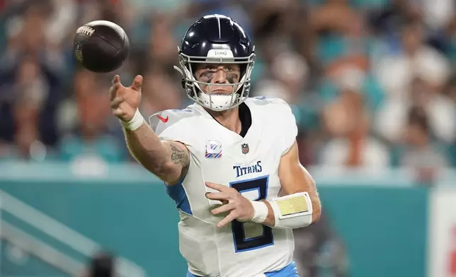 Tennessee Titans quarterback Will Levis (8) aims a pass during the first half of an NFL football game against the Miami Dolphins, Monday, Sept. 30, 2024, in Miami Gardens, Fla. (AP Photo/Rebecca Blackwell)