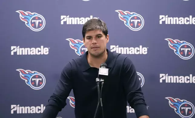 Tennessee Titans quarterback Mason Rudolph addresses the media after an NFL football game against the Detroit Lions, Sunday, Oct. 27, 2024, in Detroit. (AP Photo/Carlos Osorio)