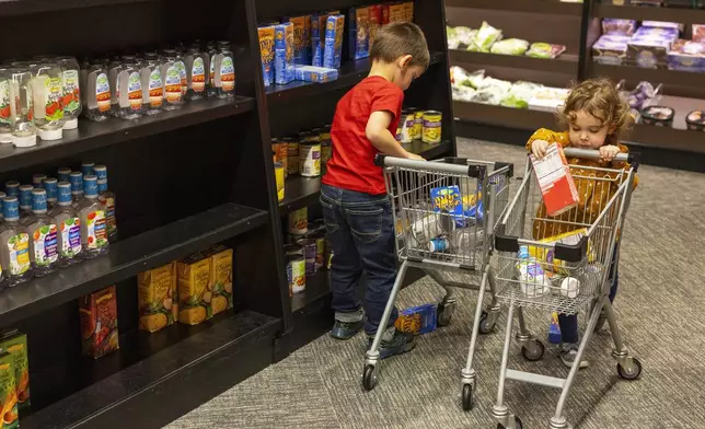 Ryan, 4, and Camryn Nielander, 2, shop at a play grocery store at The Strong National Museum of Play, Tuesday, Oct. 15, 2024, in Rochester, N.Y. (AP Photo/Lauren Petracca)