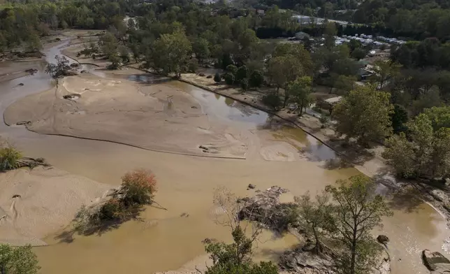 Water is seen outside the banks of the Swannanoa river in the aftermath of Hurricane Helene, Tuesday, Oct. 1, 2024, in Swannanoa, N.C. (AP Photo/Mike Stewart)