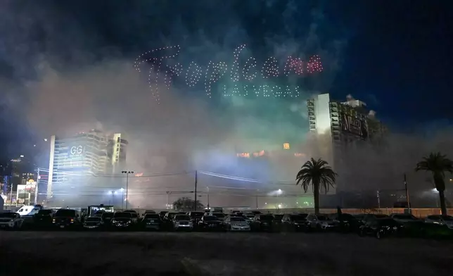 Tropicana Las Vegas hotel towers are imploded Wednesday, Oct. 9, 2024, in Las Vegas. (AP Photo/David Becker)