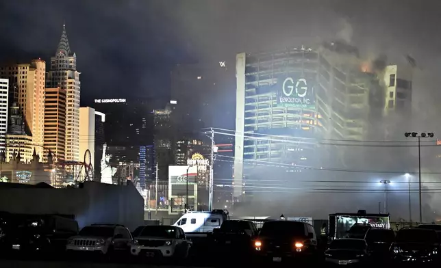 The Tropicana Las Vegas hotel tower is imploded Wednesday, Oct. 9, 2024, in Las Vegas. (AP Photo/David Becker)