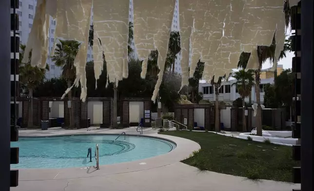 FILE - A tattered fabric hangs from a cabana at the shuttered pool area at the Tropicana hotel-casino Friday, March 29, 2024, in Las Vegas. (AP Photo/John Locher, File)