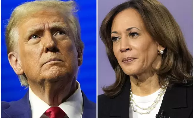 FILE - This combination of images shows Republican presidential nominee former President Donald Trump and Democratic presidential nominee Vice President Kamala Harris at separate campaign events Wednesday, Oct. 23, 2024, in Duluth, Ga., and Aston, Pa., respectively. (AP Photo/Alex Brandon, left, Matt Rourke, File)