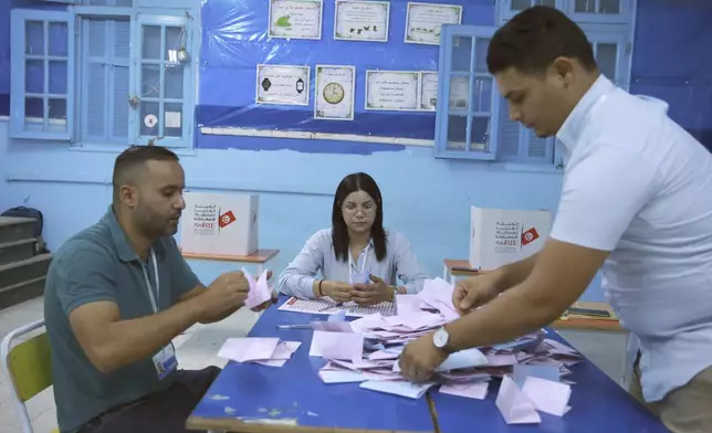 Election officials count votes after the presidential elections in the capital Tunis, Tunisia, Sunday, Oct. 6, 2024. (AP Photo/Anis Mili)