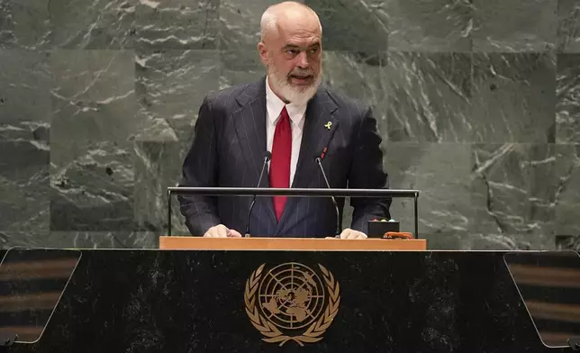 Albania's Prime Minister Edi Rama addresses the 79th session of the United Nations General Assembly, Friday, Sept. 27, 2024. (AP Photo/Pamela Smith)