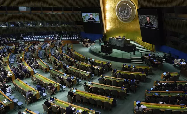 FILE - Ukraine President Volodymyr Zelenskyy addresses the 79th session of the United Nations General Assembly, on Sept. 25, 2024, at UN headquarters. (AP Photo/Julia Demaree Nikhinson, File)