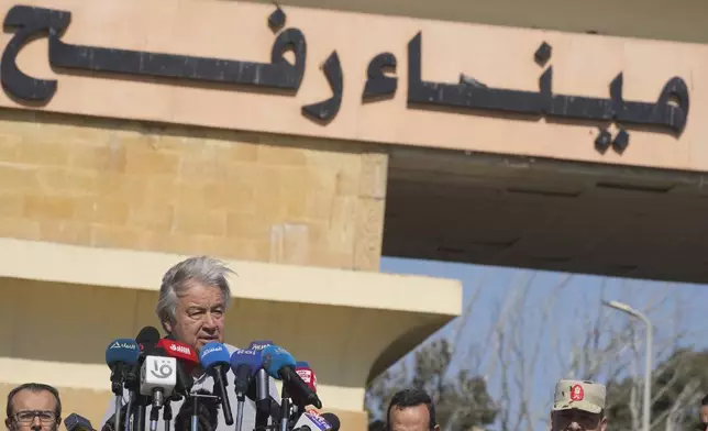 FILE - United Nations Secretary General Antonio Guterres speaks at the Rafah border crossing between Egypt and the Gaza Strip, after visiting it, on Saturday, March 23, 2024. (AP Photo/Amr Nabil, File)