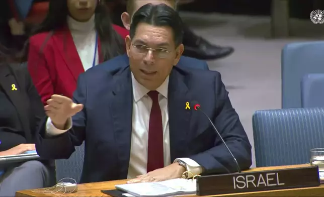 This image from United Nations Television, shows Israel Ambassador Danny Danon during a meeting of the United Nations Security Council, Wednesday, Oct. 2, 2024. (UNTV via AP)