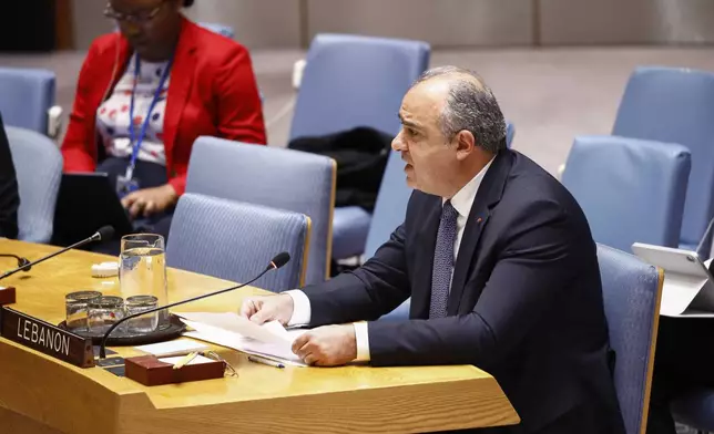 Hadi Hachem UN representative for Lebanon speaks during a United Nations Security Council meeting on the situation in the Middle East, including the Palestinian question at U.N. headquarters, Tuesday, Oct. 29, 2024. (AP Photo/Kena Betacur)