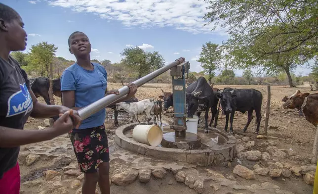 File — Villagers pump water at a borehole in Mudzi, Zimbabwe, Tuesday, July 2, 2024.as the United Nations' food agency says months of drought in southern Africa, triggered by the El Nino weather phenomenon, has had a devastating impact on more than 27 million people and caused the region's worst hunger crisis in decades. (AP Photo/Aaron Ufumeli/File)