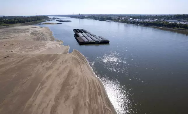 FILE - Barges float in the Mississippi River as a portion of the riverbed is exposed, on Sept. 15, 2023, in St. Louis. The U.N. weather agency is reporting that 2023 was the driest year in more than three decades for the world's rivers, as the record-hot year underpinned a drying up of water flows and contributed to prolonged droughts in some places. (AP Photo/Jeff Roberson, File)