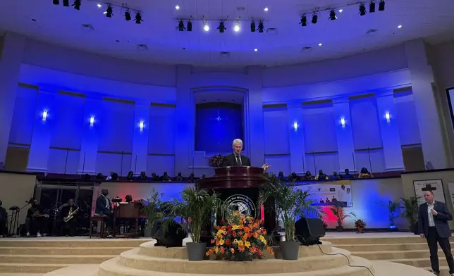 Former President Bill Clinton speaks at Mt. Zion Baptist Church in Albany, Ga. on Sunday, Oct. 13, 2024. (AP Photo/Charlotte Kramon)