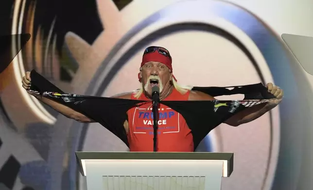 FILE - Professional wrestler Hulk Hogan speaks during the final day of the Republican National Convention, July 18, 2024, in Milwaukee. (AP Photo/Paul Sancya, File)