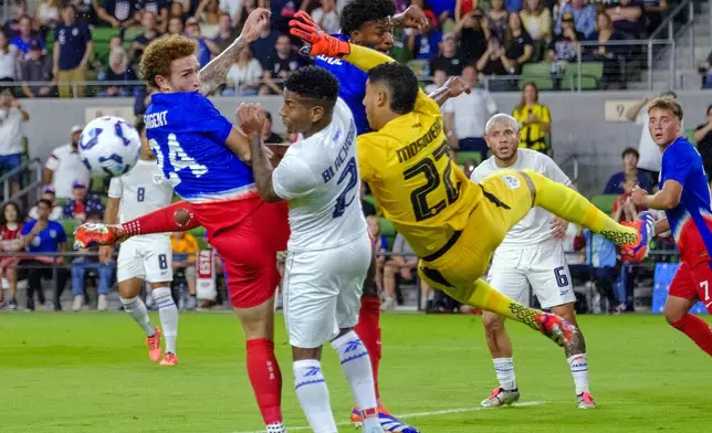 United States forward Josh Sargent (24) collides with Panama goalkeeper Orlando Mosquera (22) and defender Cesar Blackman (2) on a corner kick during the first half of an international friendly soccer match, Saturday, Oct. 12, 2024, in Austin, Texas. (AP Photo/Rodolfo Gonzalez)