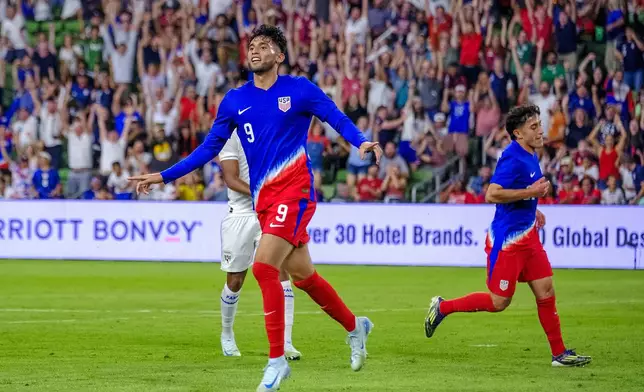 United States forward, Ricardo Pepi, (9) celebrates his goal against Panama during the second half of a international friendly soccer match, Saturday, Oct. 12, 2024, in Austin, Texas. (AP Photo/Rodolfo Gonzalez)